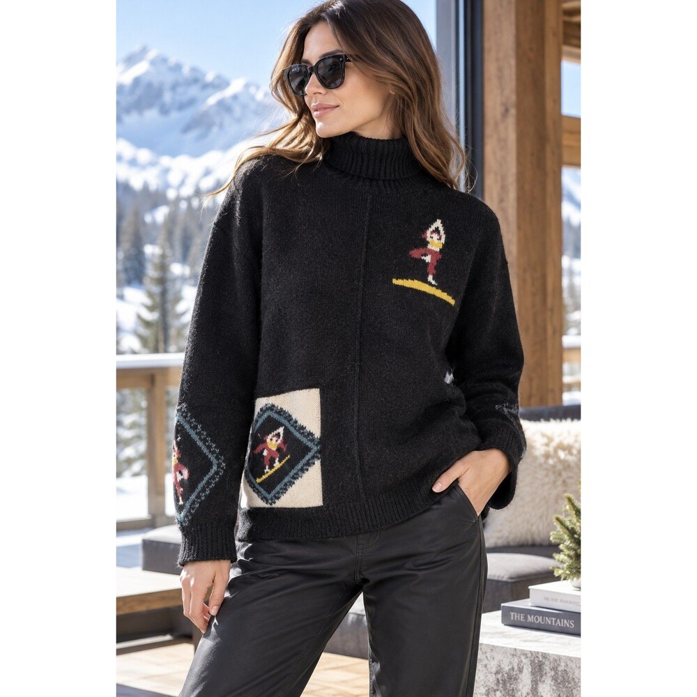 PIYATA Ski Sweater Free Size Black Turtleneck Skier Intarsia Novelty Knit
